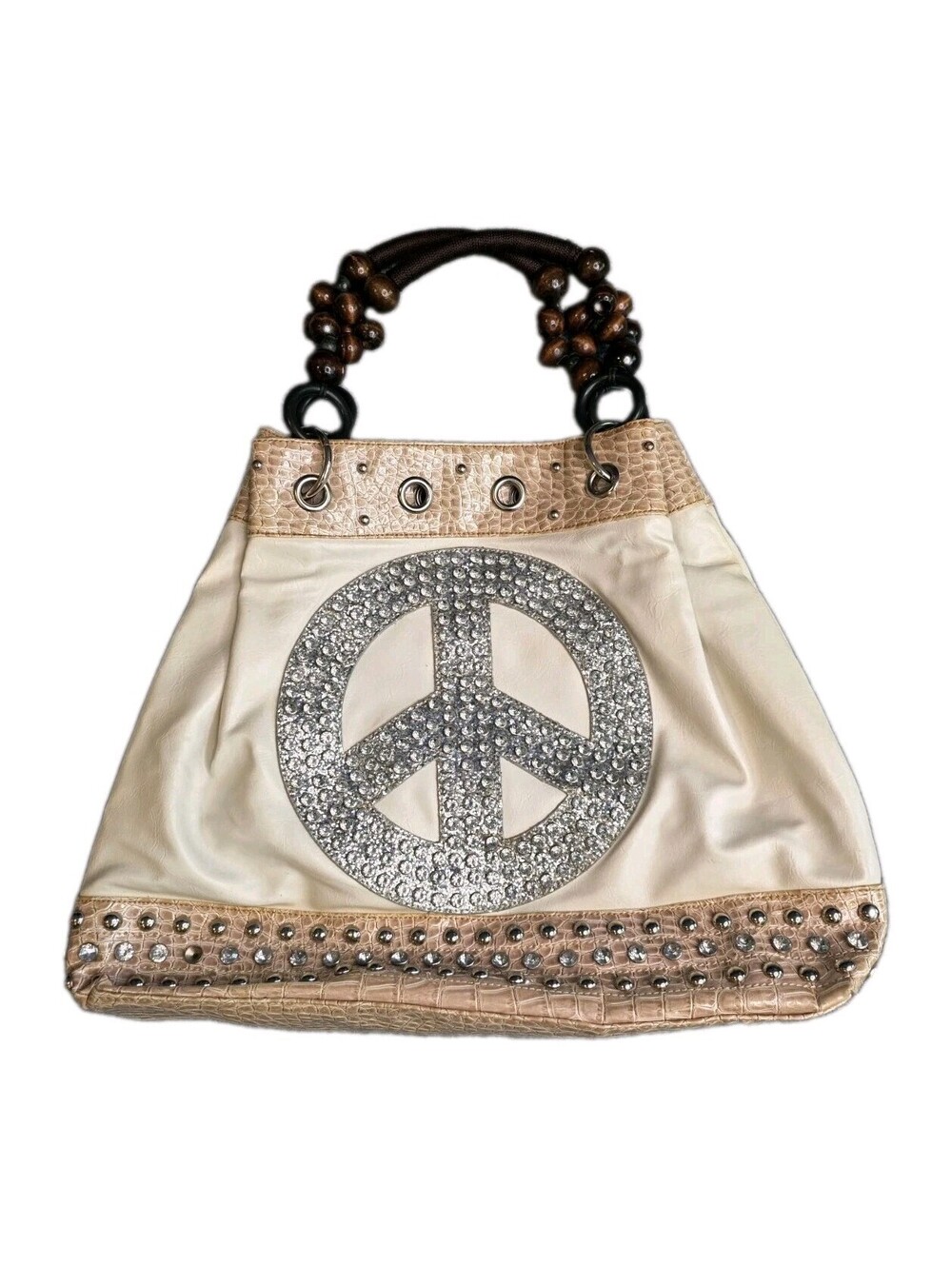 Y2K Rhinestone Peace Sign Shoulder Bag Cream Faux Leather Studded Boho Purse